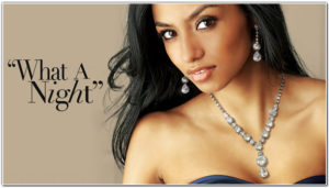 Head and shoulder photo of model desplaying a diamond necklace and earings as an example of an elegant bridal jewelry option.